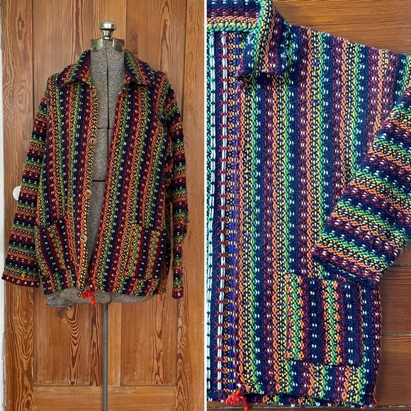 Vintage Jackets & Blazers - 🌈 Vintage Handwoven Boho Jacket – One-of-a-Kind Hippie Magic Unisex Size Lage